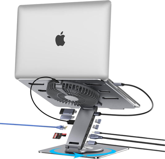 Laptop Docking Station Stand with Fan Aluminum Laptop Riser with USB-C Hub 11-IN-1 4K60Hz HDMI 100W PD Charging USB3.0 Ethernet Audio TF/SD, 360° Swivel, for MacBook Pro/Air, iPad Pro & Type-C Laptops