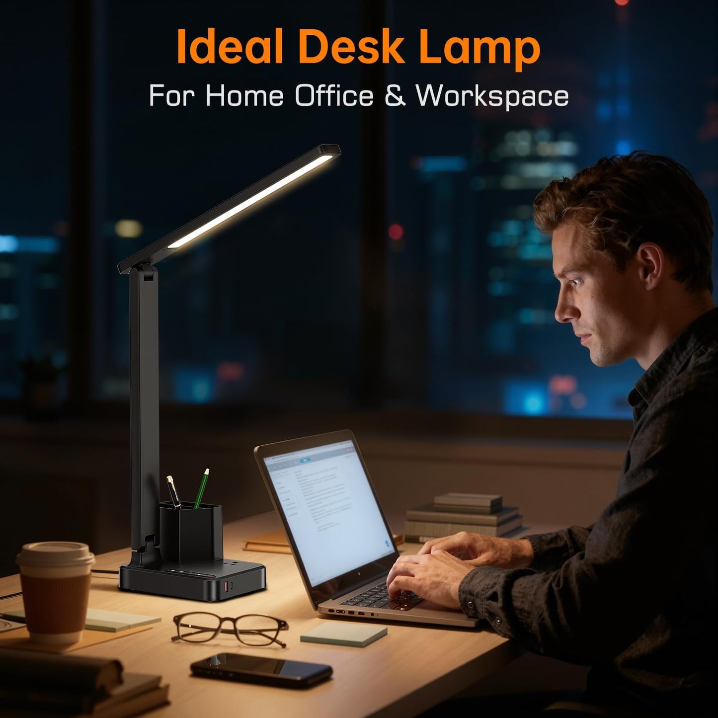 LED Desk Lamp USB A/C AC Pen Holder Dorm Home Office Desk Light Black | Adjustable LED Desk Light with USB A/C, AC Outlet, Pen Holder; Small Desk Lamp for Dorm, Study, Craft & Home Office
