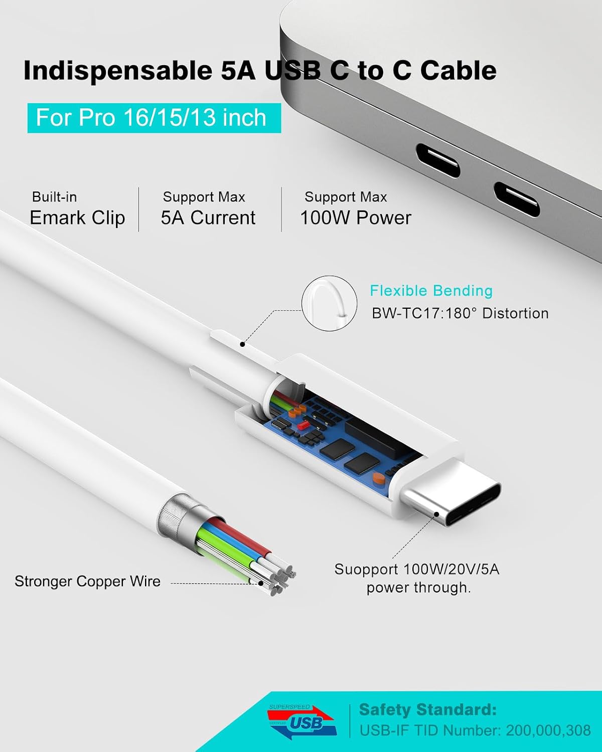 10ft Charger for MacBook Pro/Air 16, 15, 14, 13 inch 2025, 2024, 2023, 2022, 2021, 2020, M1 M2 M3 M4, 96W USB C Power Adapter, LED, 100W USB-C Cable Charging as Fast as Original Quality