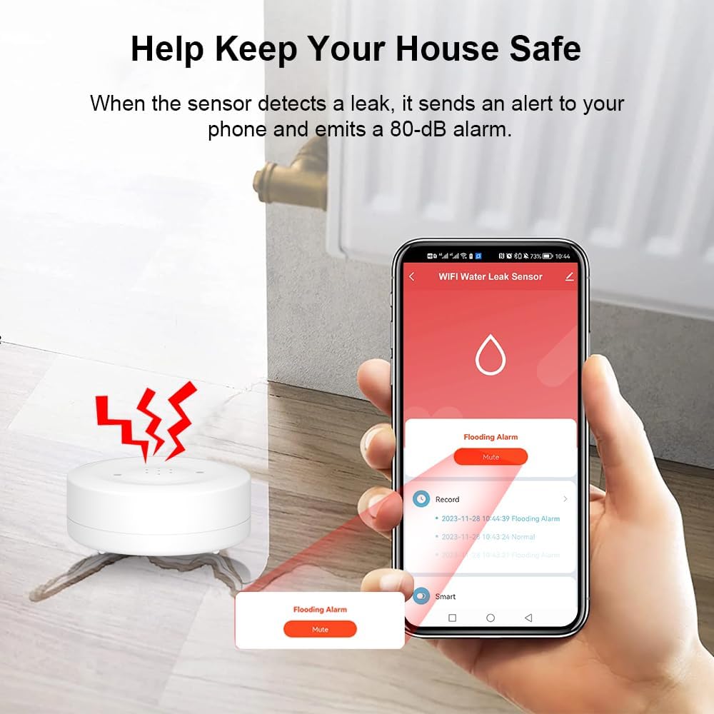 WiFi Water Ieak Detector: Smart Water Ieak Sensor with 80dB Alarm and App Alerts, Wireless Water Sensor with App Remote Control, Water Alarm for Home, Laundry, Kitchen, Basement