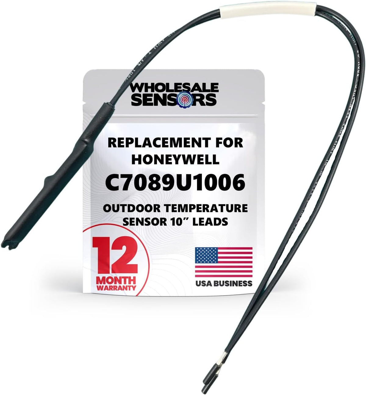 Replacement Honeywell C7089U1006 Outdoor Temperature Sensor with 10" Wire Leads, 12 Month Warranty & USA Support