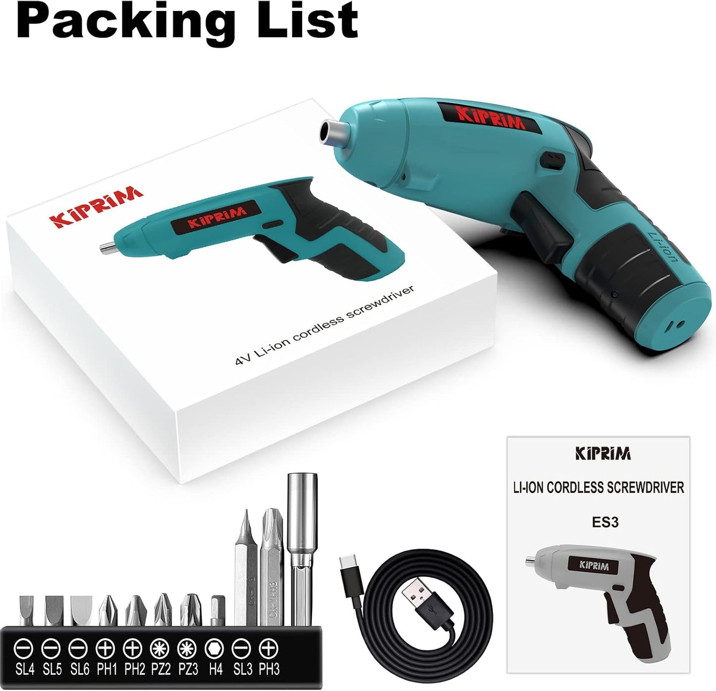 Kiprim ES3 4V Cordless Electric Screwdriver, Power Indicator Light Blue | Compact 4V cordless screwdriver with built‑in rechargeable battery.Equipped with front LED working light and power indicator.