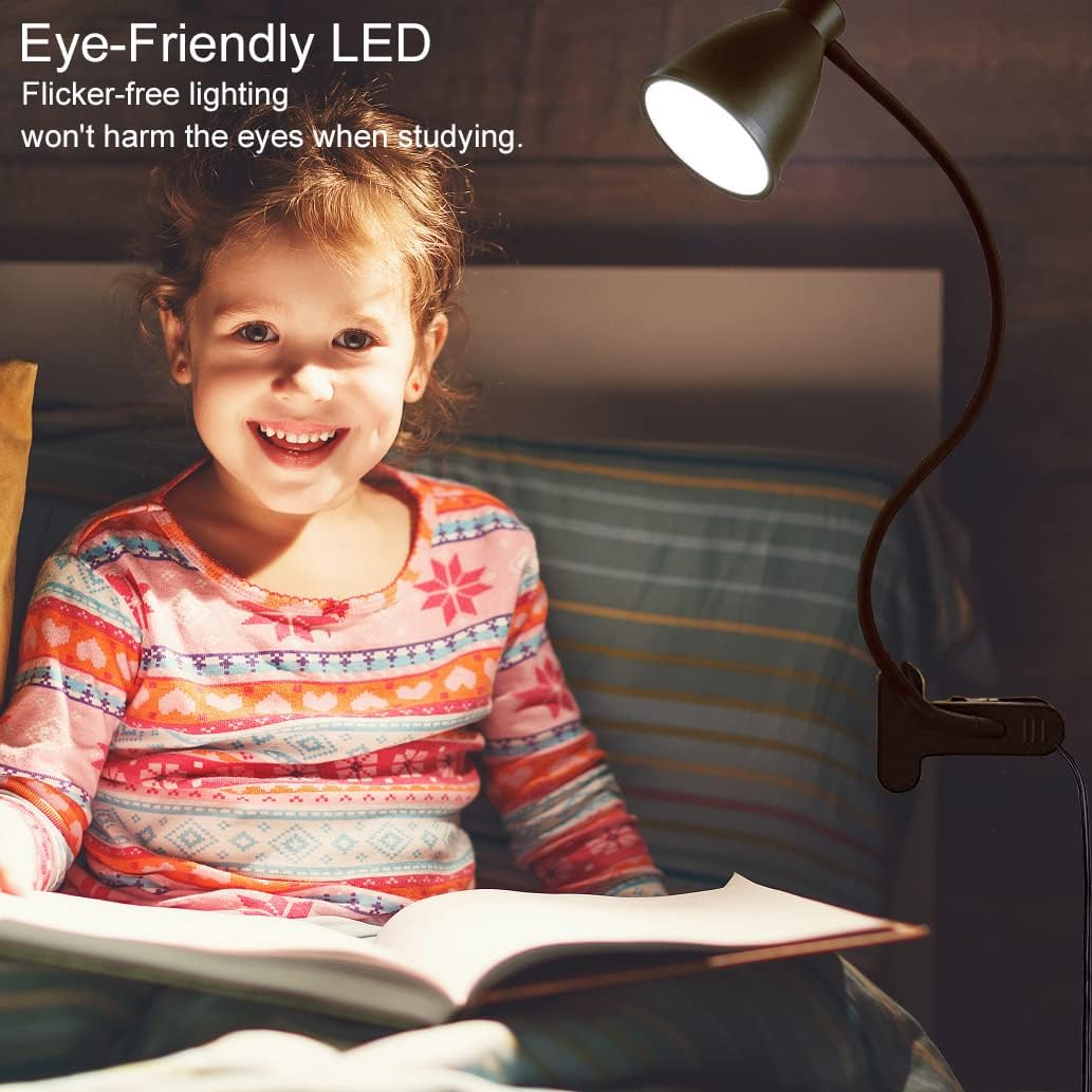 BOHON Desk Lamp 5 Color Modes 10 Brightness Dimmer Reading Light Black | 10W 38 LED Clamp Lamp with Auto Off Timer 360° Flexible Neck Clip on Light for Bed Bedside, AC Adapter Include