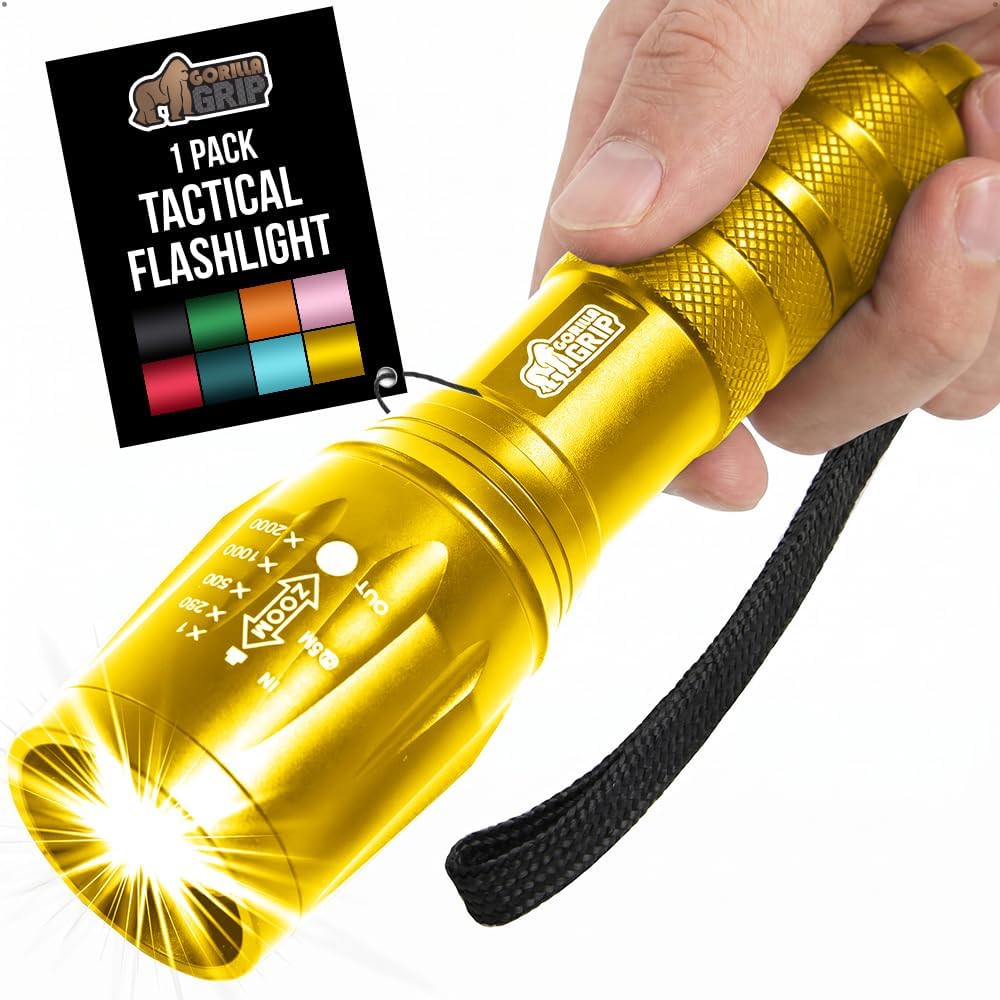 GORILLA GRIP Powerful LED Handheld Tactical Flashlight, 750 FT High Lumens 5 Adjustable Modes, Water Resistant, Ultra Bright Zoom Flashlights, Small Mini, Camping, Night Dog Walking, Gold