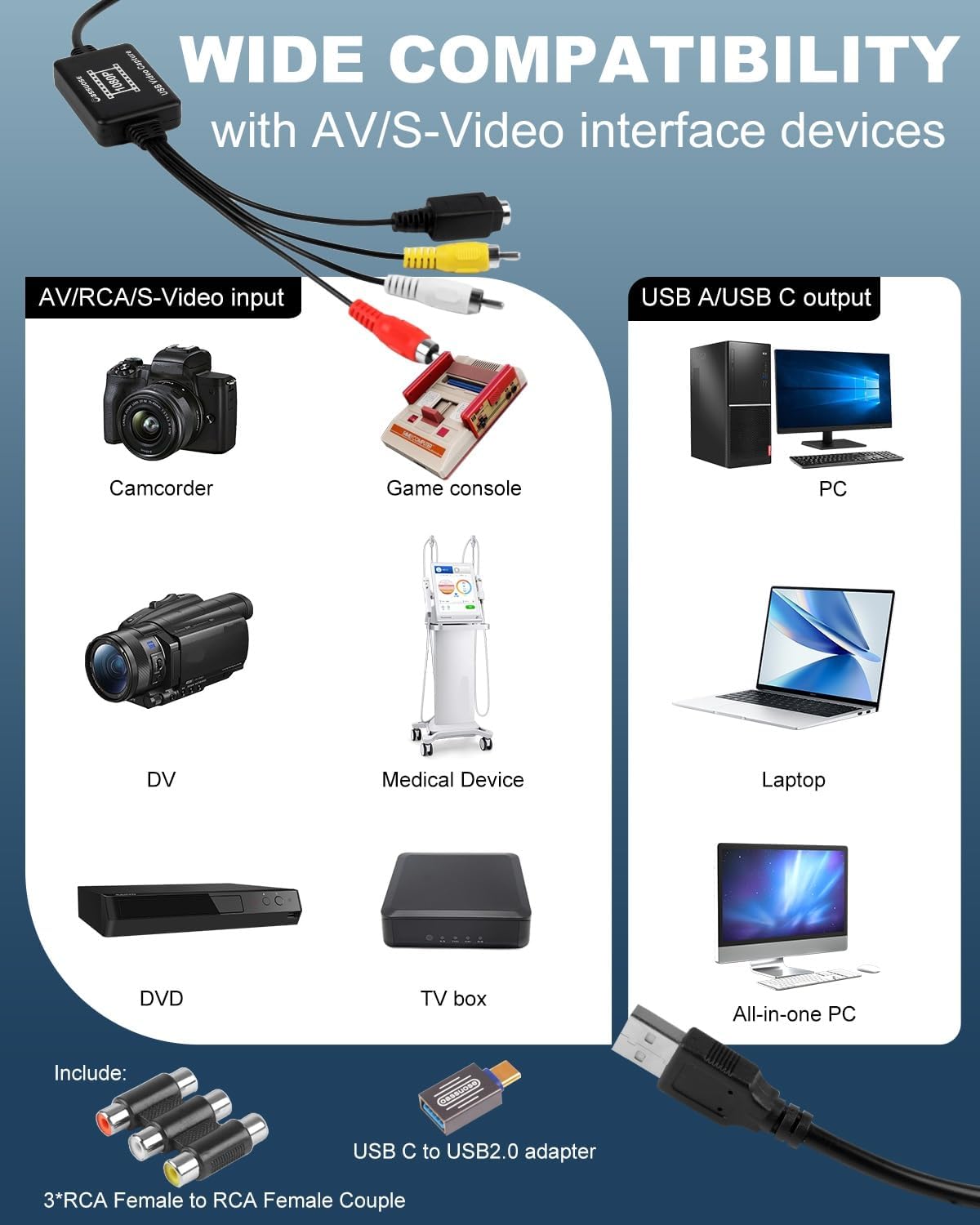 Oassuose VHS to Digital Converter,USB-A/USB-C Video 1080P Capture Card | RCA/AV to USB2.0 Audio Video Transfer Grabber,Convert Analog VHS VCR Hi8 Mini DV to Digital Converter,for PC DVD Tape Camera