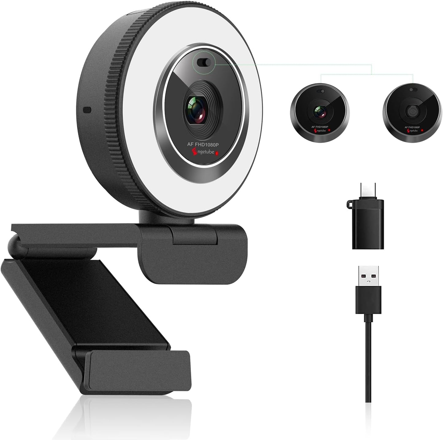 Angetube 1080P USB Webcam with Ring Light Autofocus & Microphone for PC Mac | Built-in Privacy Cover, Plug and Play, Compatible with Laptop Desktop, Works for Streaming, Teams, Skype Video Calls
