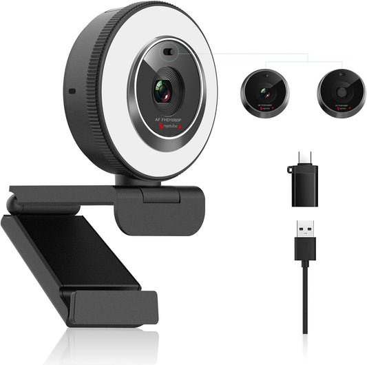 Angetube 1080P USB Webcam with Ring Light Autofocus & Microphone for PC Mac | Built-in Privacy Cover, Plug and Play, Compatible with Laptop Desktop, Works for Streaming, Teams, Skype Video Calls