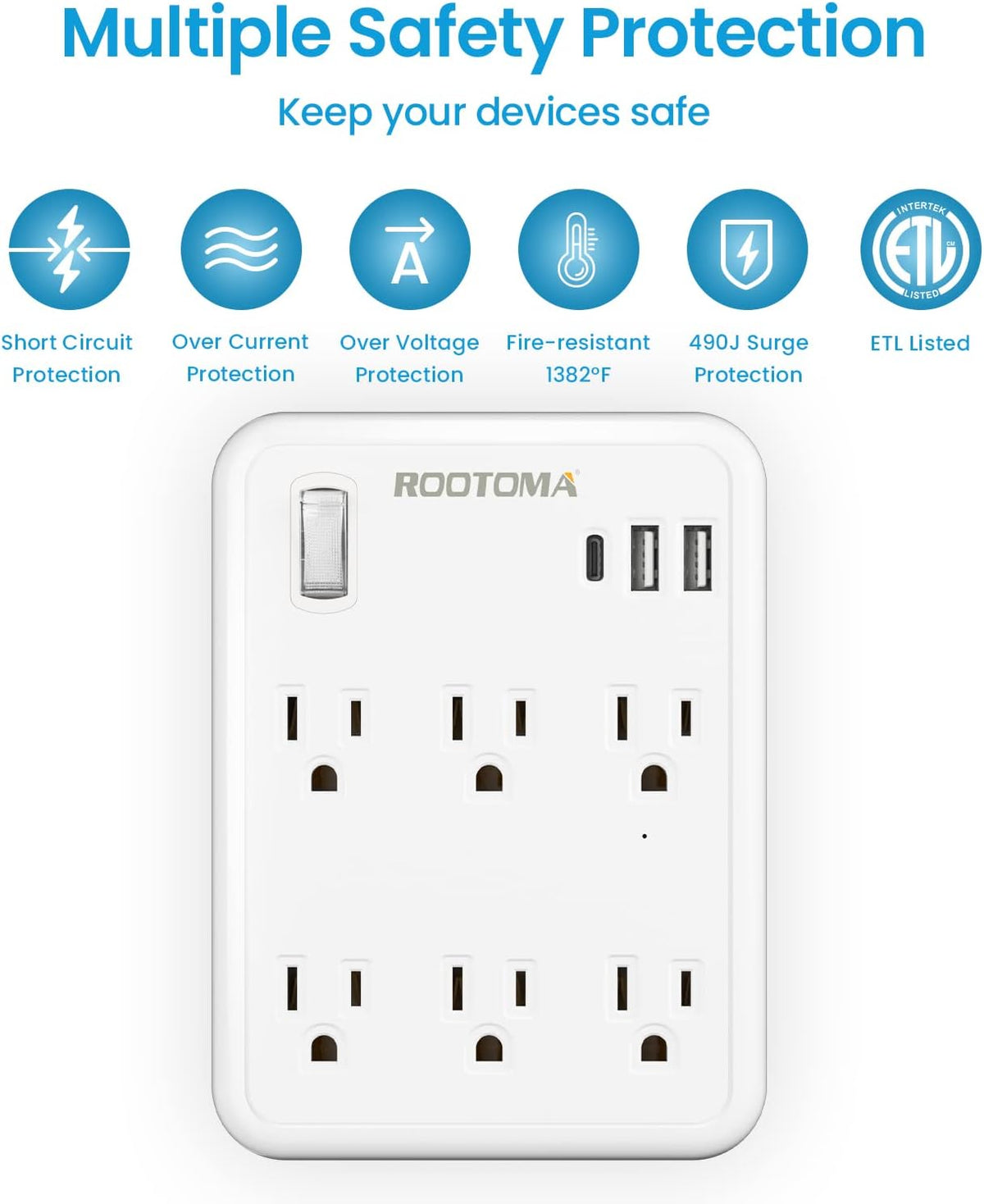 USB Wall Outlet Extender with On Off Switch, Surge Protector Outlet,6 AC Multi-Plug with 3 USB Ports (1 USB C), 490 Joules, Flat Socket Splitter with Spaced Outlet for Home, Office, College