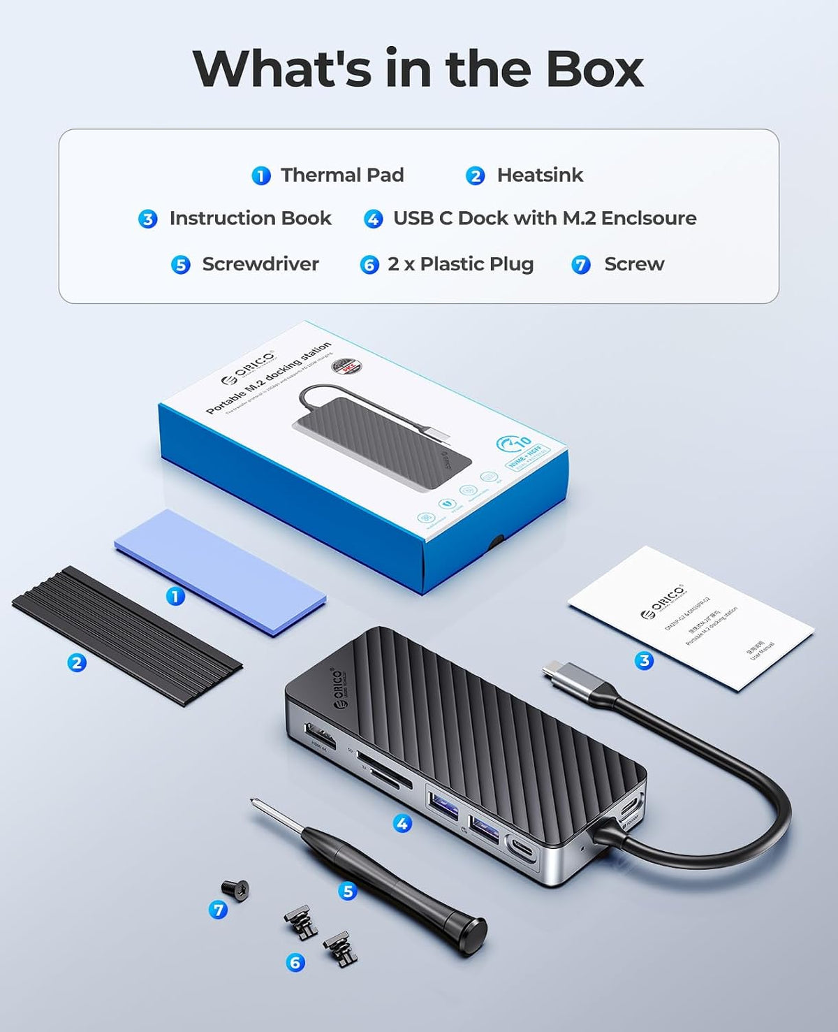 ORICO USB-C Hub with M.2 SSD Enclosure, 8-in-1 USB C Docking Station Fits M.2 NVMe/SATA SSD, 10Gbps, 4K@60Hz HDMI, 100W PD, SD/TF Card Reader