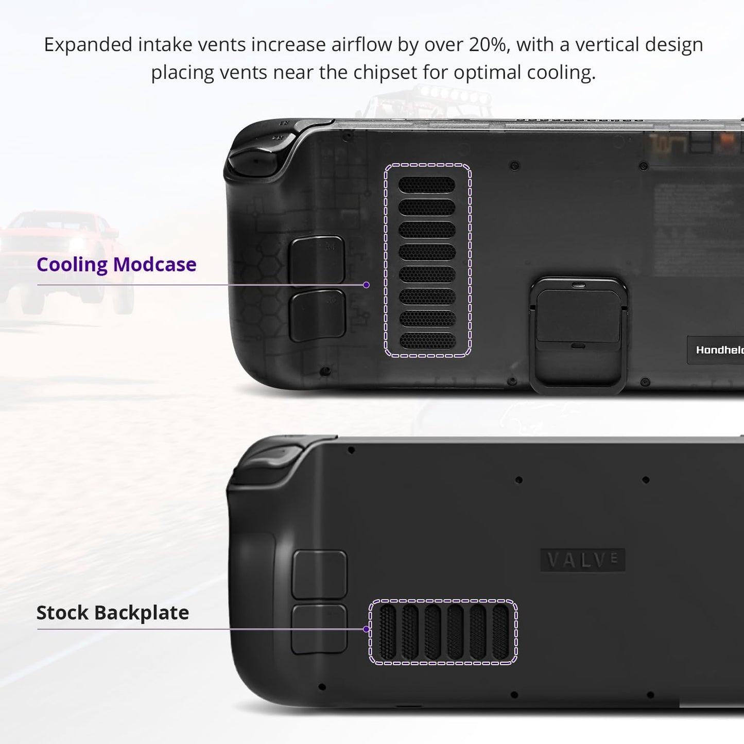 Cooling Modcase for Steam Deck LCD/OLED, Steam Deck Translucent Back Plate Accessories with Foldable Kickstand, Heat Management Shell Case, Easy Installation with Tools (Black)