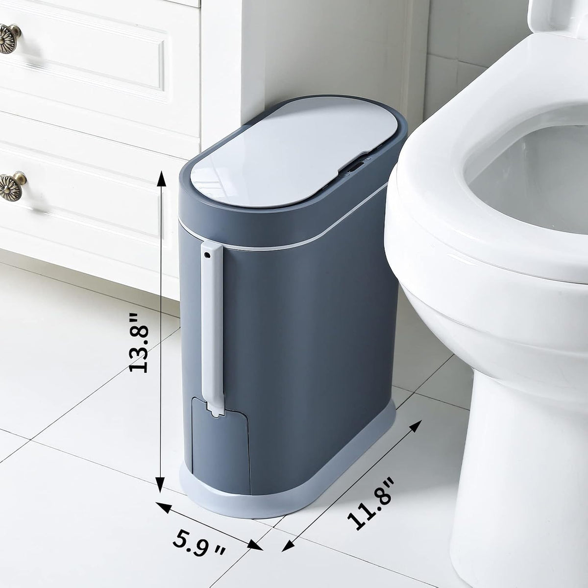 Bathroom Trash Can with Toilet Brush, 2.5 Gallon, Motion Sensor, Grey
