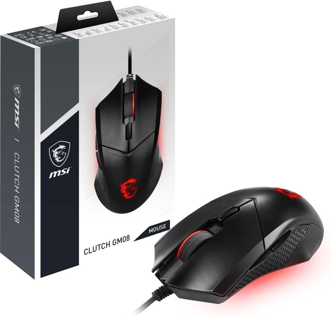 msi Clutch GM08 Gaming Mouse, 4200 DPI, Optical Sensor, 3 Adjustable Weights, Red LED Lighting, Symmetrical Design