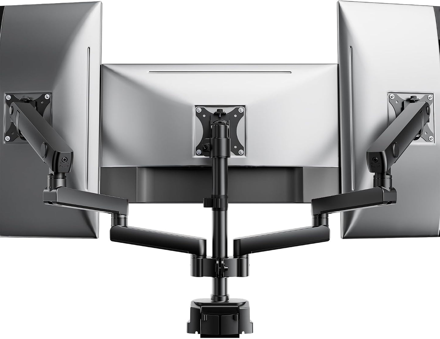 monTEK Triple Monitor Mount for 13"-27" Screens, Max 19.8 lbs Each Arm | Heavy Duty Aluminum Full Motion 3 Monitor Desk Stand, Height Adjustable Swivel Tilt Bracket, Clamp & Grommet Mounting