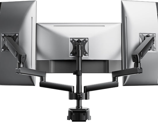 monTEK Triple Monitor Mount for 13"-27" Screens, Max 19.8 lbs Each Arm | Heavy Duty Aluminum Full Motion 3 Monitor Desk Stand, Height Adjustable Swivel Tilt Bracket, Clamp & Grommet Mounting