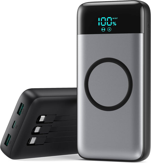 Wireless Portable Charger 40800mAh with 3 Built-in Cables,7-in-1 15W Wireless Charging Power Bank,25W PD QC 4.0 Fast Charging USB C Travel Essentials Battery Pack for iPhone 17/16/15/14,Galaxy,Android