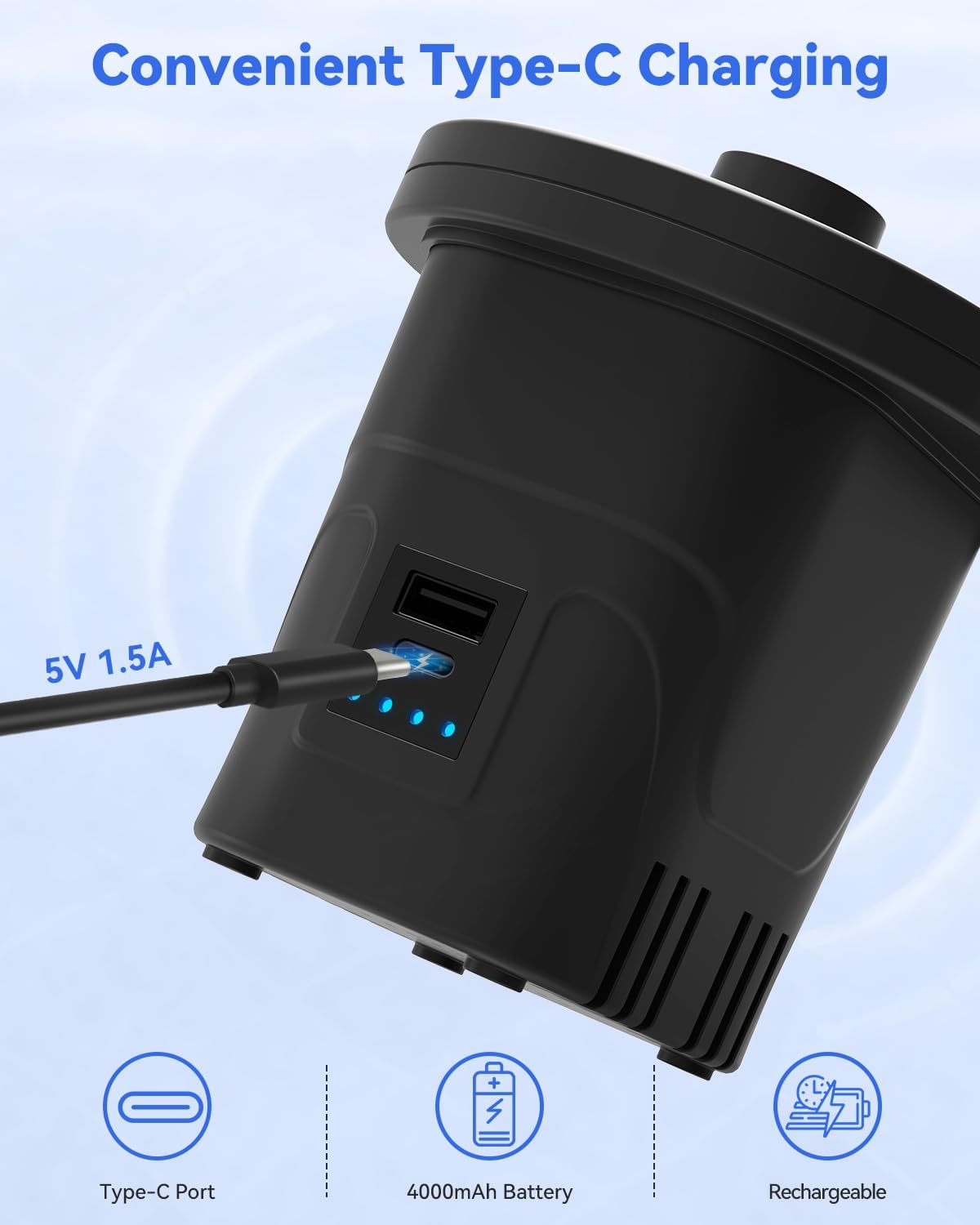 Dr.Meter 4000mAh Rechargeable Air Pump for Inflatables Ultra Fast Inflator | Portable Quick-Fill Inflate/Deflate Air Mattress Pump for Outdoor Camping Inflatable Pool Float Boat Raft Swim Ring Airbed