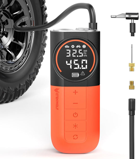 ETENWOLF S1 Tire Inflator Portable Air Compressor, 160PSI Cordless Air Pump | Fast Inflation,Tire Pump for Car Tires,Motorcycle,Balls-Bike Pump with LED Light-Auto-Shut Off-Digital Pressure Gauge, Orange
