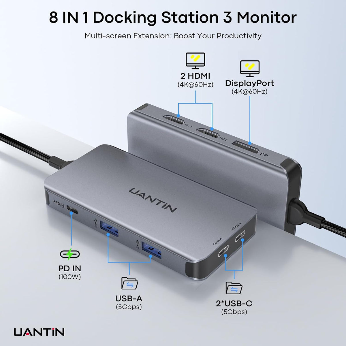 UANTIN Laptop Docking Station 3 Monitors, 8-in-1 USB C Dock with 2 HDMI, DP
