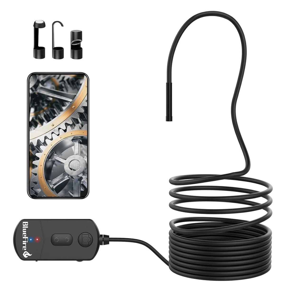 BlueFire 1080P Wireless Endoscope Camera, 5.5mm HD Borescope | 11.5FT Semi-Rigid Snake Camera with Adjustable Focus, 6 LED Lights and 1800mAh for Android iOS Phone, Inspection and Repair
