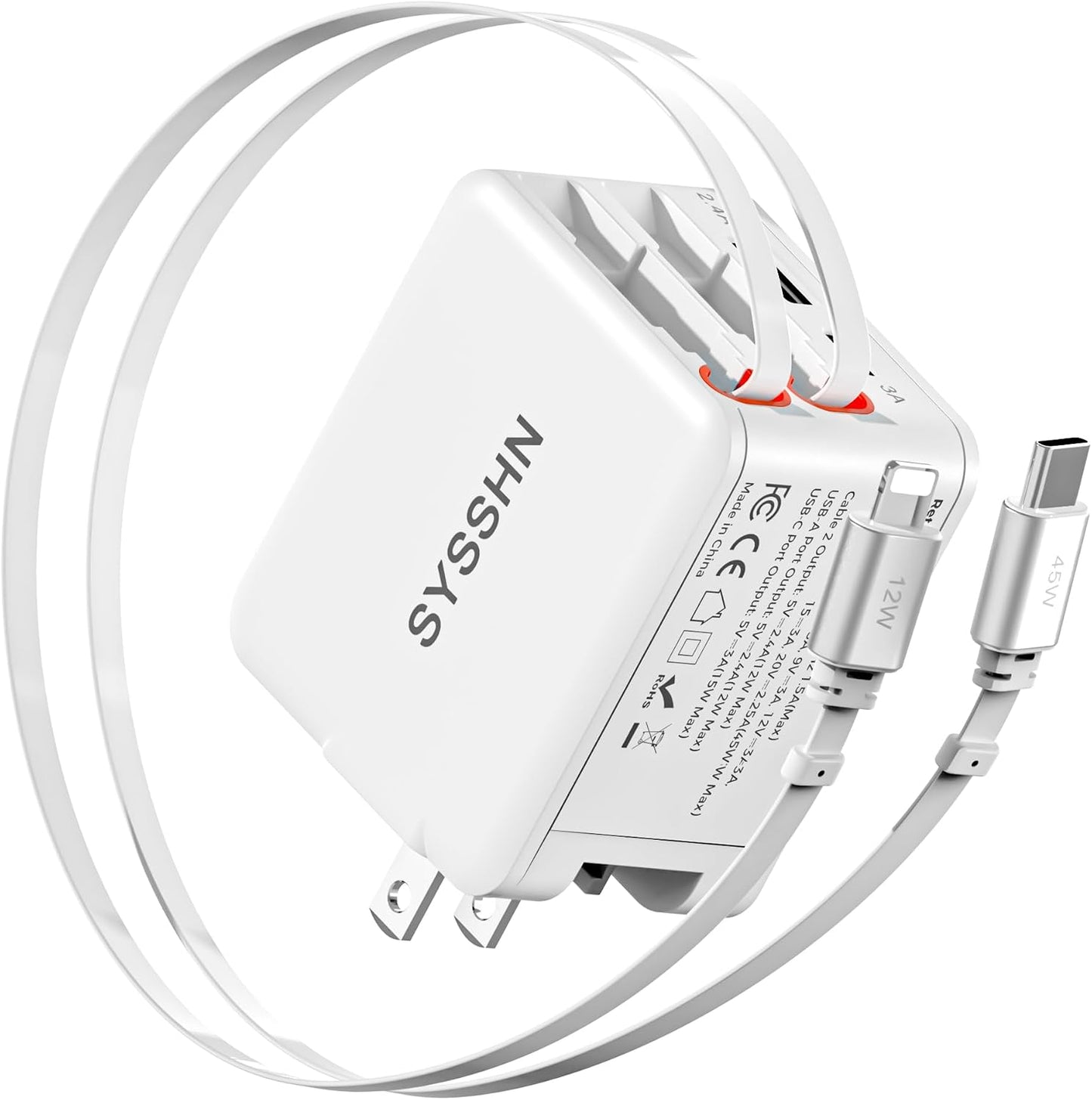 4-in-1 Retractable Wall Charger 45W USB C iPhone Charger with Dual Cables for Multiple Devices Foldable Plug Charger Block for iPhone 17/16/15/14/iPad/Galaxy/Pixel/AirPods