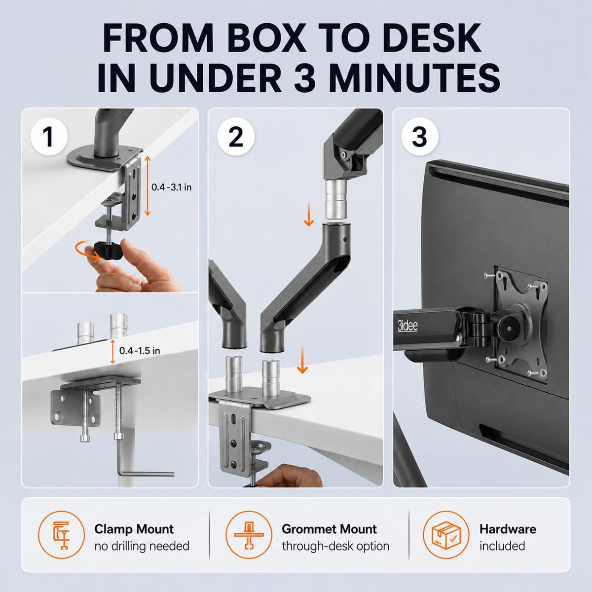 3IDEE FlexiLite Dual Monitor Arm Desk Mount for 17-32" Screens, Holds up to 20 lbs per Monitor, Slim Aluminium Design, Fully Adjustable, Quick Box to Desk Setup, Clamp/Grommet Base, VESA 75/100