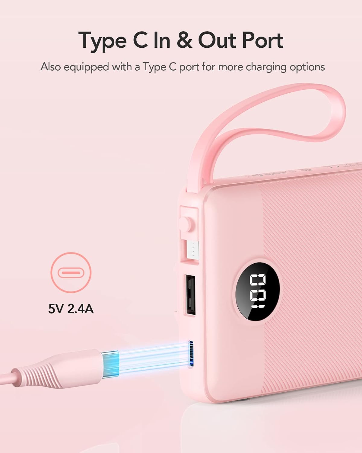 VRURC Portable Charger Power Bank, Built-in 4 Cables &amp; 2 Ports,10000mAh Slim Battery Pack with LED Display, Travel Essential USB C Portable Phone Charger for All Cell Phones Devices-Pink(1 Pack)
