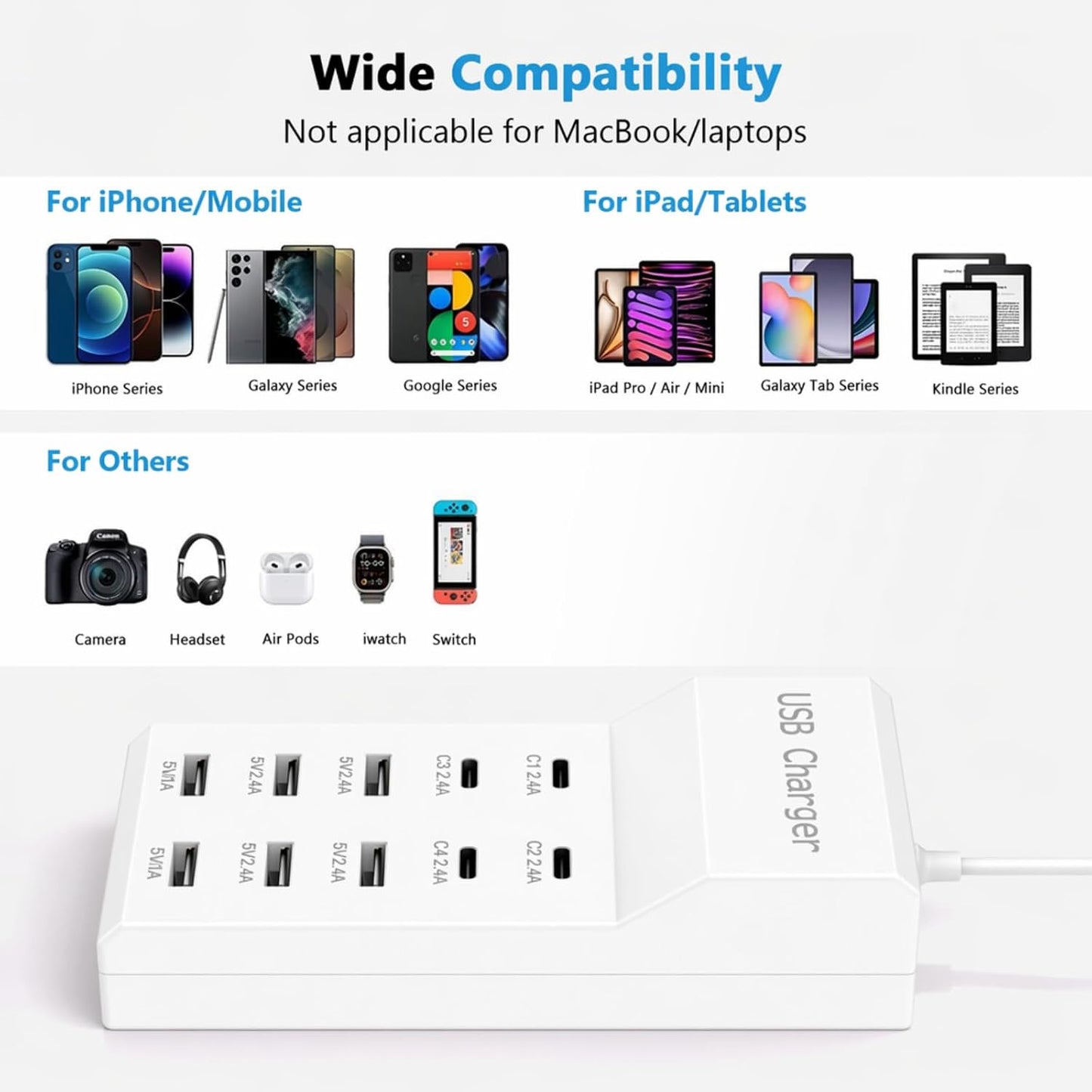 Multiple USB Charging Station for Multiple Devices USB Power Strip | 10 port USB charging block with 4 USB C and 6 USB A charging ports,USB Charging Hub for home office use