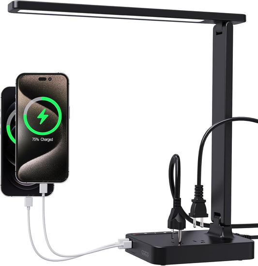 cozoo LED Desk Lamp for Dorm Office, USB-C & 2 AC Outlets Charging, Black | 2 USB Charging Ports(1 USB-C), 2 AC Outlets, 3 Lighting Mode, 3 Level Brightness Modern Foldable LED Desk Lamp for Dorm Room