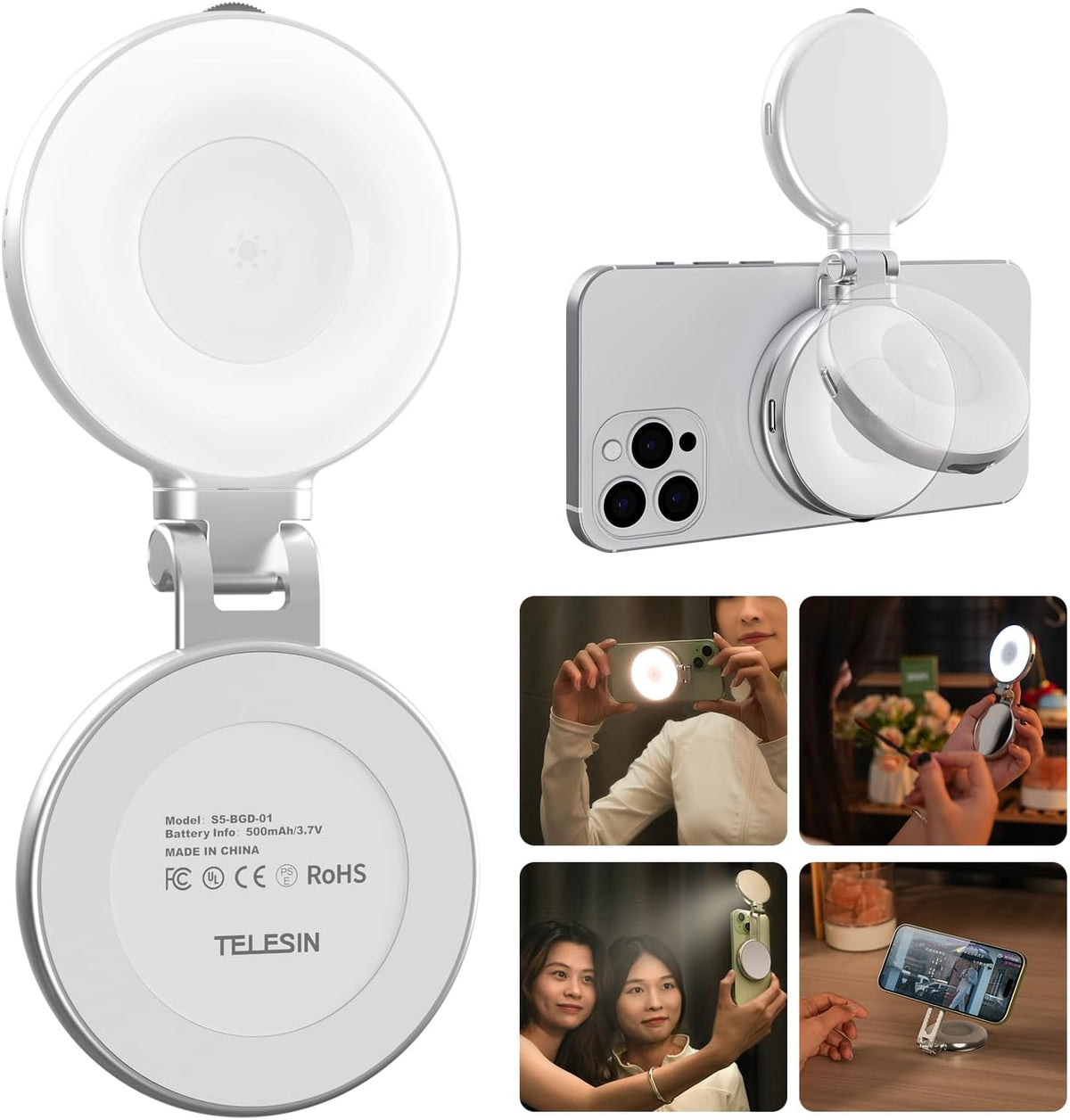 TELESIN C03 Magnetic Selfie Light, Phone Light for iPhone Magsafe | CRI97 360° LED Selfie Ring Fill Light with Mirror for Selfies/Photography/TikTok/Zoom Calls/Video Conference/YouTube