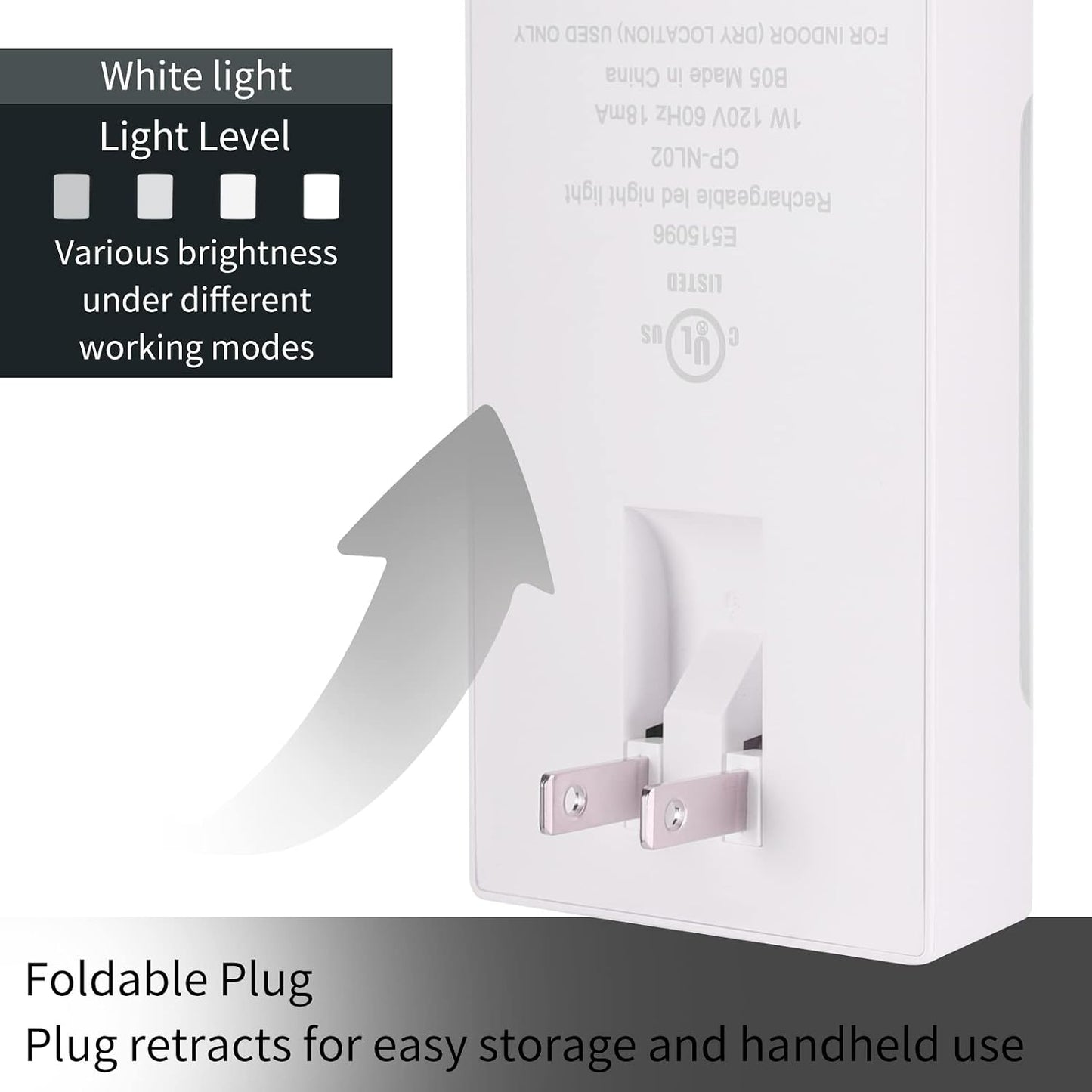4-in-1 LED Night Light Emergency Backup Light, Motion Sensor, Dusk-to-Dawn Sensor, Rechargeable Battery Operated 5000K Daylight White, LED Flash Light for Home, Power Failure, Hurricane, 2Pack