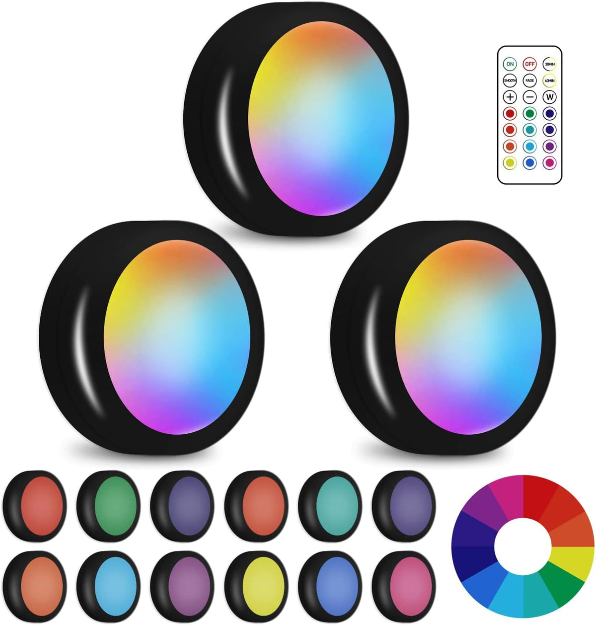 LED Puck Lights with Wireless Remote, 13 Colors RGB Dimmable Under Cabinet, Battery Powered Color Changing, Party Atmosphere for Kitchen Closet Counter, 6 Pack