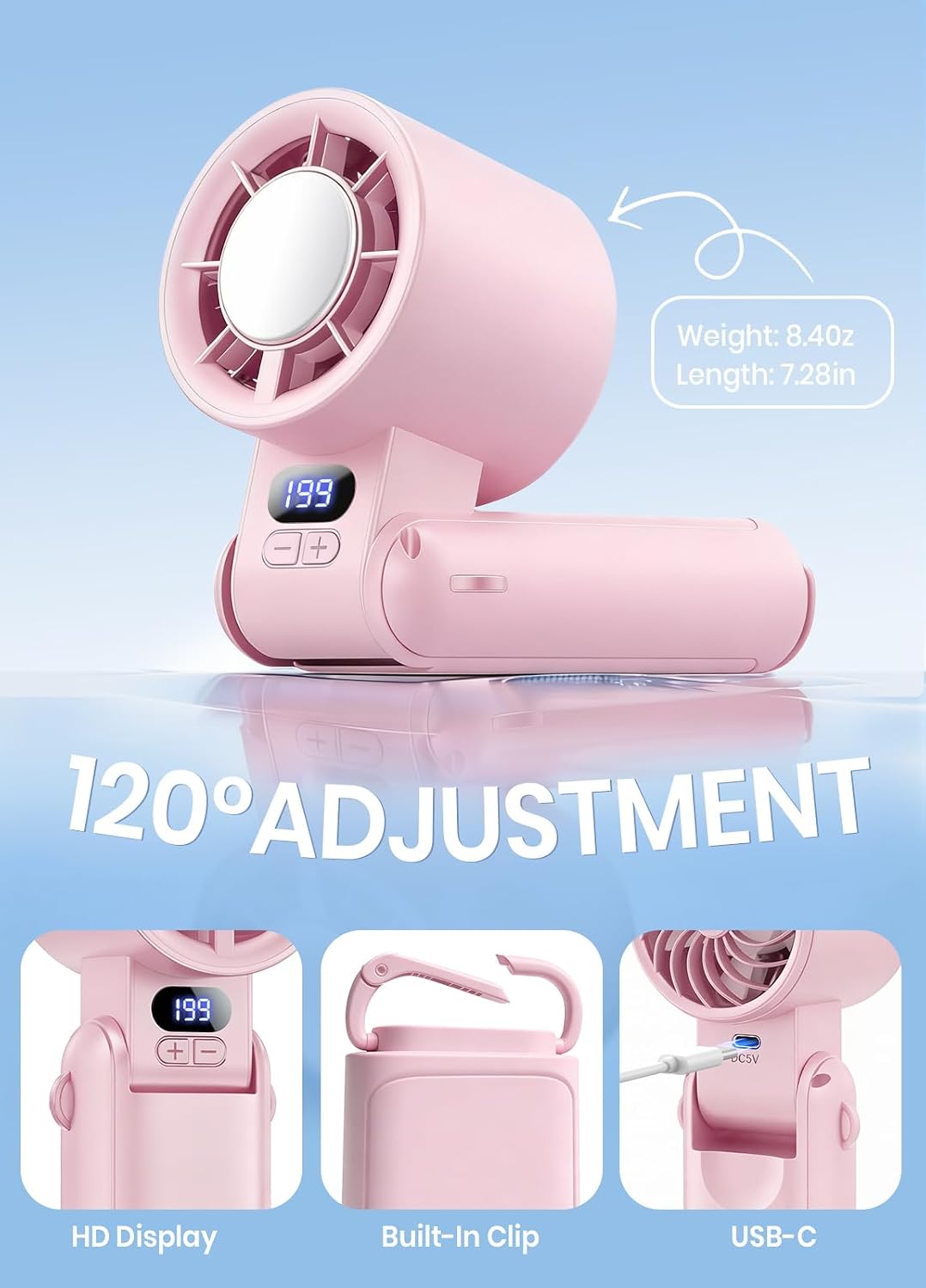 Portable Handheld Turbo Fan, 1-199 Speed Adjustable, Pink | 4 IN 1 Pocket Design with LED Display, High-Power Motor, Rechargeable Battery, Mini Fans for Indoor/Outdoor/Travel/Work