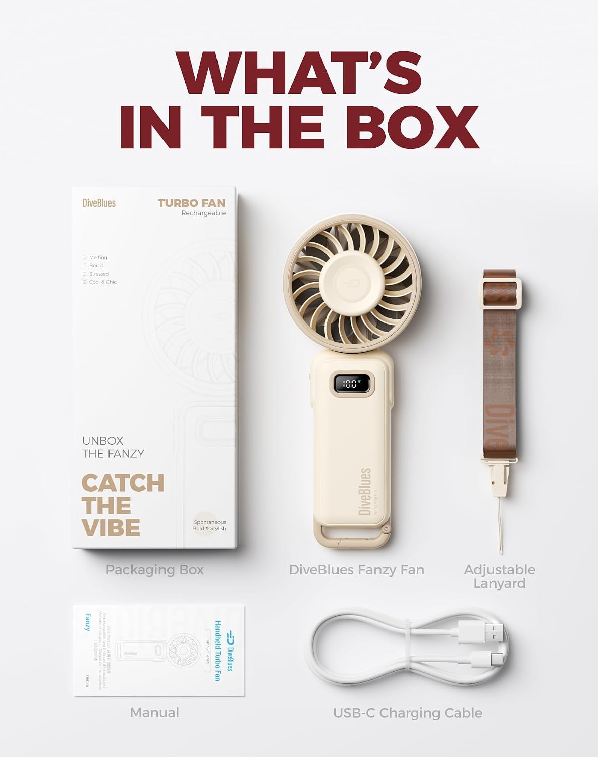 Diveblues Portable Handheld Fan D6036 Cream | 7.4m/s High Speed Turbo, 180° Foldable 4-in-1, Personal Neck Fan with Carabiner Clip, 100 Speed Stepless Control