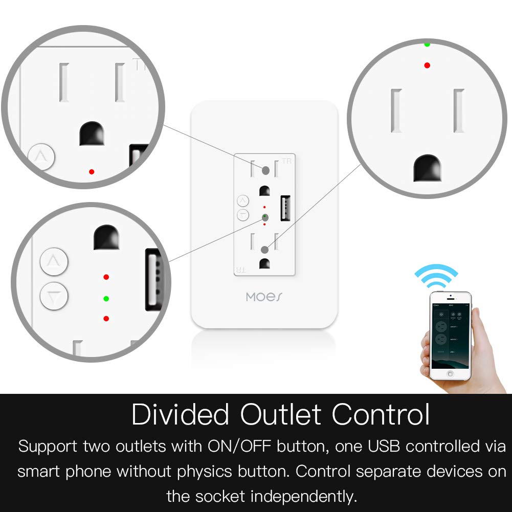 MOES Smart in-Wall Outlet, USB-A, 15A, 2.4GHz WiFi, No Hub Required | Smart Life/Tuya APP Remote Control, Works with Alexa and Google Assistant for Hands-Free Voice Control