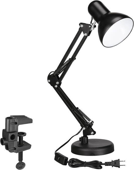 TORCHSTAR Metal Desk Lamp, Adjustable Swing Arm, E26, Black | Architect Gooseneck Multi-Joint Clip Table Lamp with Plastic Clamp, for Home Office, Work, Study, Reading, Bulbs not Included