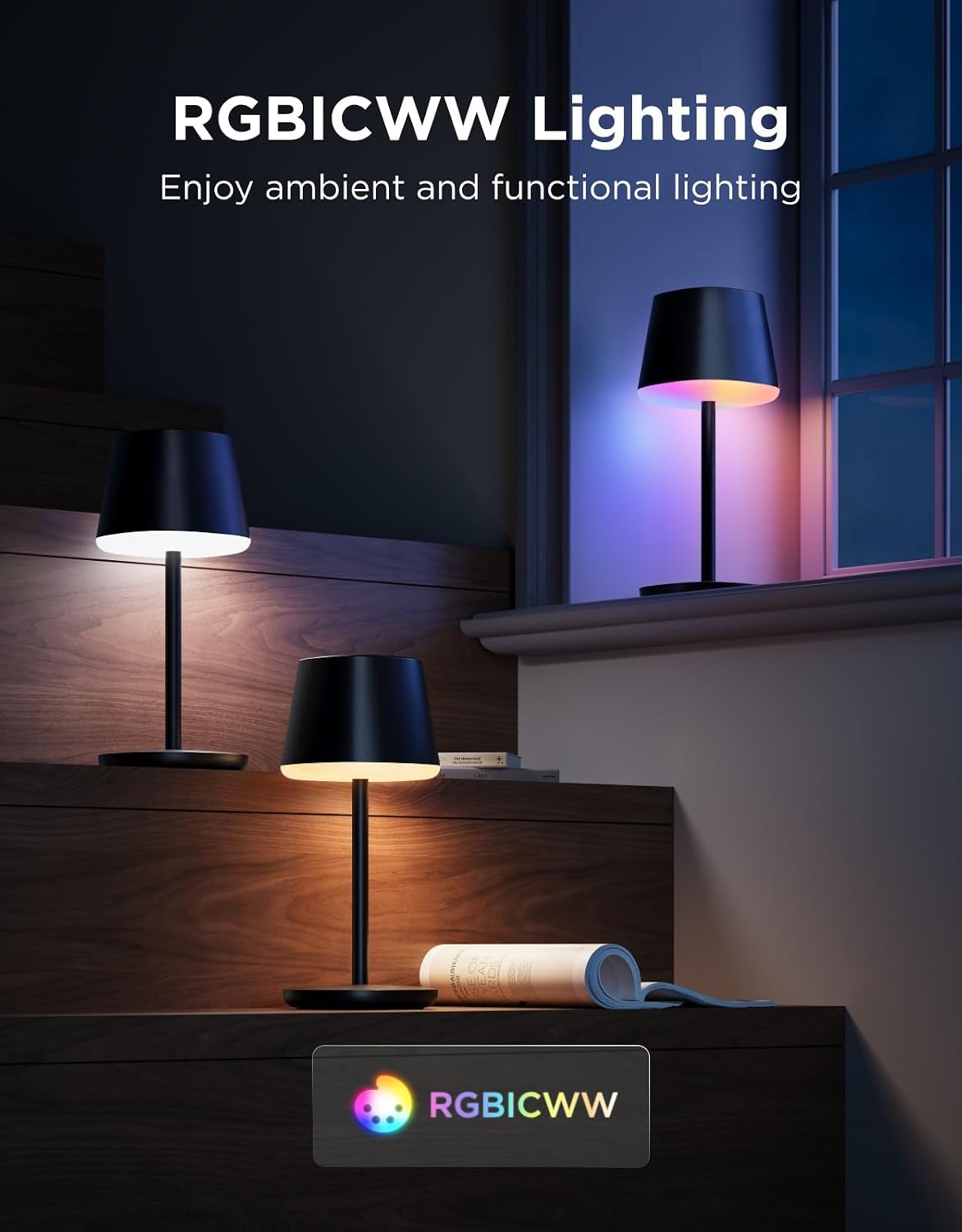 Govee Smart Cordless Table Lamp Classic (No Adapter), RGBIC Desk Lamp | Rechargeable Table Lamp for Bedroom, Living Room, Portable Lamp Works with Matter, Bedside Lamp with 72 Scenes Modes, 500lm