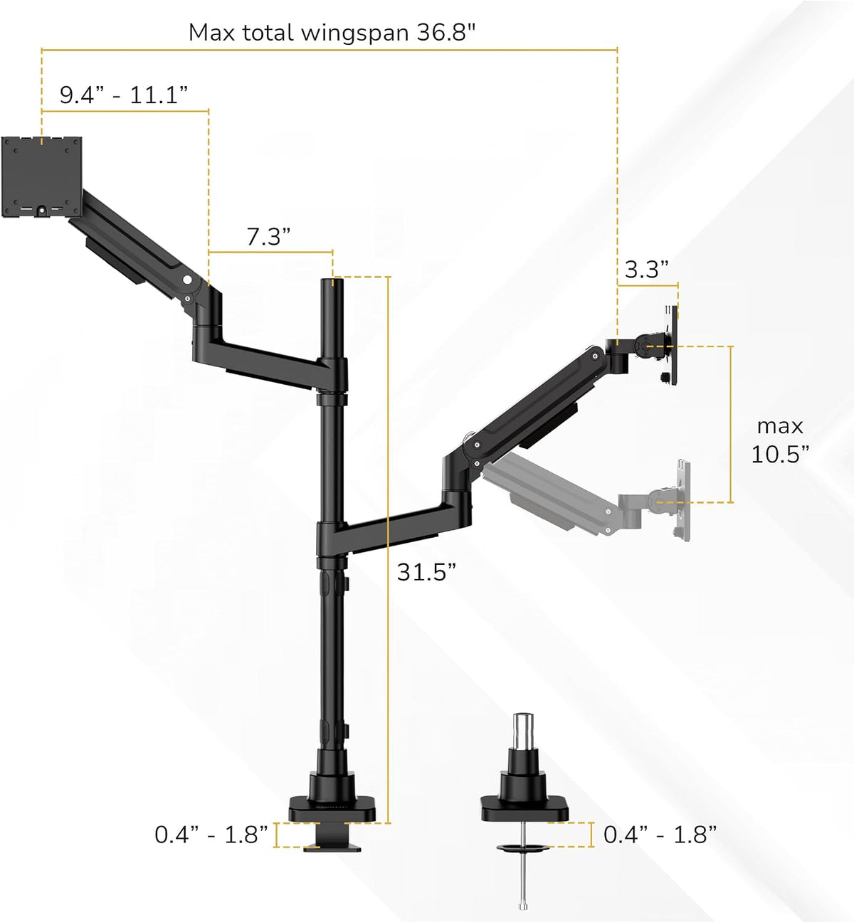 Mount-It! Dual Ultrawide Monitor Desk Mount for 17–49” Screens, Height-Adjustable Stacking Arms with Pole, Heavy Duty Gas Spring, Full Motion, VESA 75/100, Clamp or Grommet