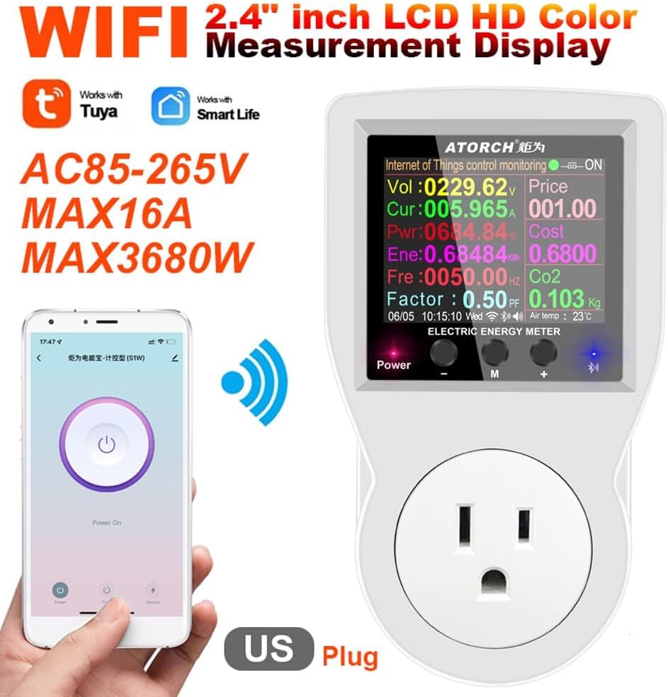 AC WiFi Watt Meter, Plug-in US Socket Power Meter, Electricity bill statistics,temperature control,Backlit Large Color Display, Overload Protection,Voltage AMP Tester, Electrical Energy Monitor Timer