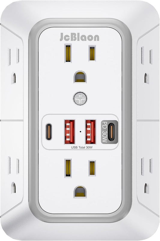 JcBlaon Surge Protector Outlet Extender 6 Outlet Extender with 4 USB Ports (PD 30W), 3 Sided 1050J Multi Plug Wall Adapter Power Strip for Home Travel Office Essentials-ETL