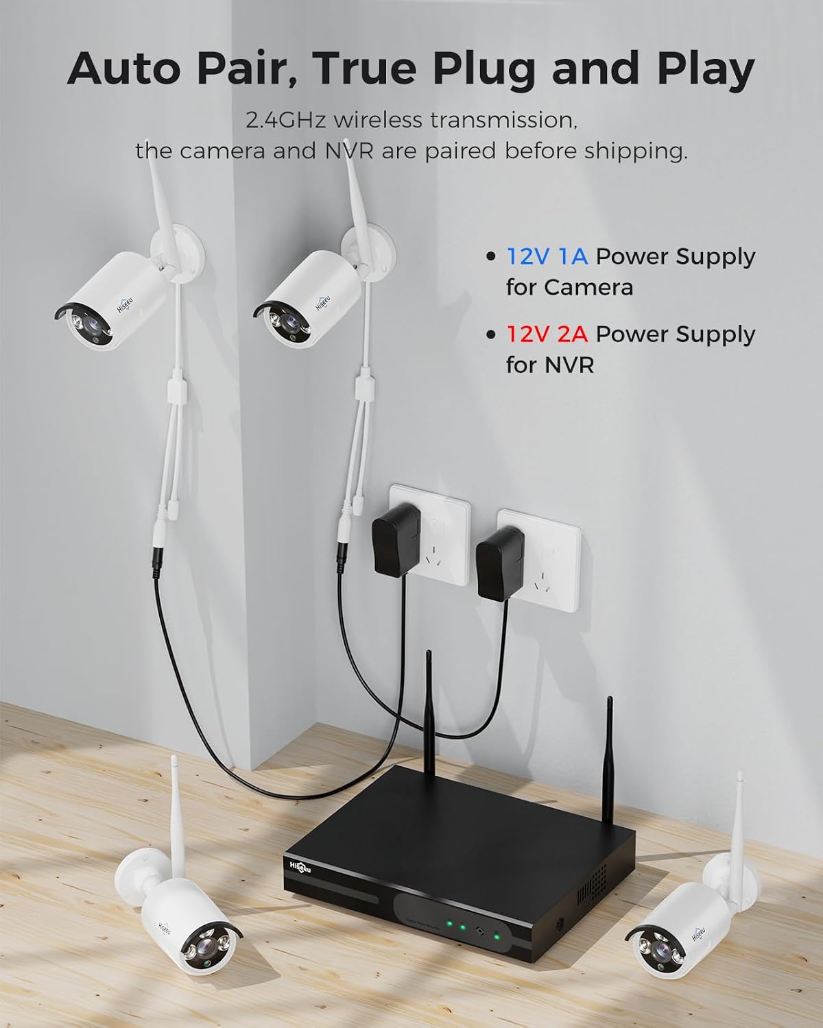 Hiseeu [100ft] Wireless WiFi Security Camera System, Wired Plug-in Powered, Expandable 16CH 4K NVR, 4Pcs 3MP Night Vision Cameras Home Surveillance Outdoor, Motion Detection, 1TB HDD, One-Way Audio