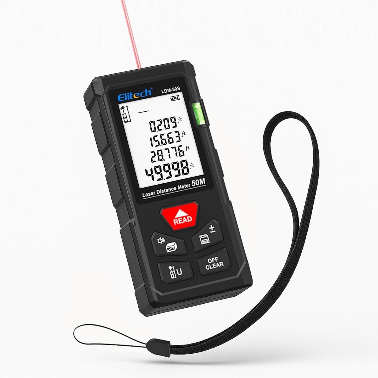 Elitech Laser Tape Measure, 165ft Laser Distance Meter with Bubble Level | 6 Measurement Modes, 99 Measurement Memory, Backlit LCD, M/in/ft Unit Switching, Simple Button Control