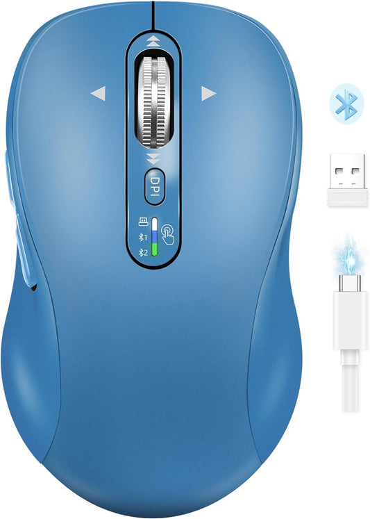 Wireless Bluetooth Mouse Rechargeable,USB+BT×2,Multi Device Quiet Ergo Computer Mouses,Metal 4-Way Super Scrolling,± 3200 DPI,10 Button,Plug&Play,Cordless Mice for Laptop,Tablet,Mac,iPad,PC,Phone-Blue