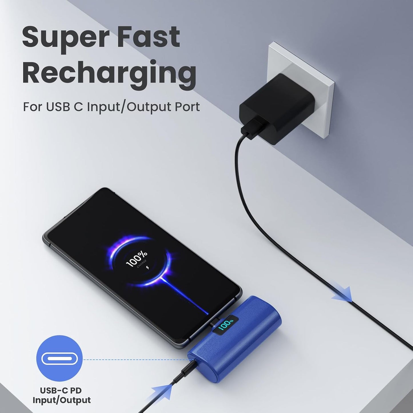 [2-Pack]Portable Charger for iPhone 16/15 Series,5200mAh PD USB C Power Bank Built-in USB-C Connector,Battery Pack Compatible with iPhone 16/16 Plus/16 Pro/16 Pro Max/15 Series,Android(Black+Blue)