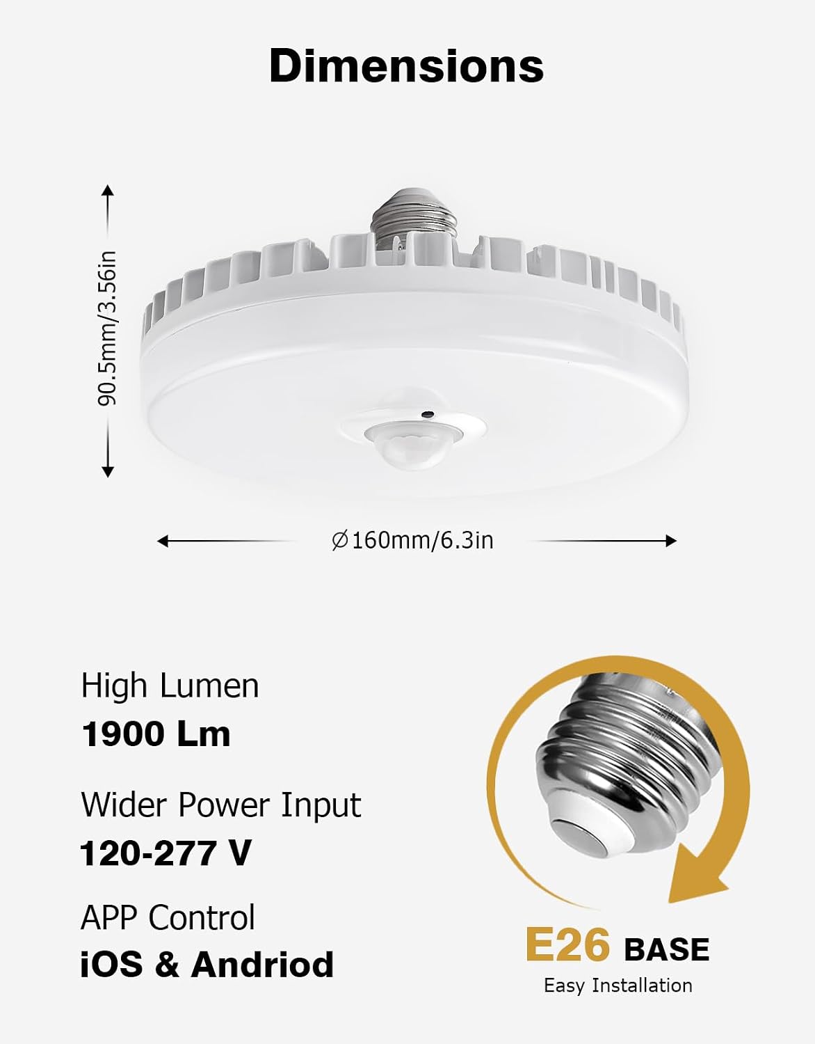 LED Garage Lights, Screw in E26 Smart Light Bulbs 120-277V 1900LM
