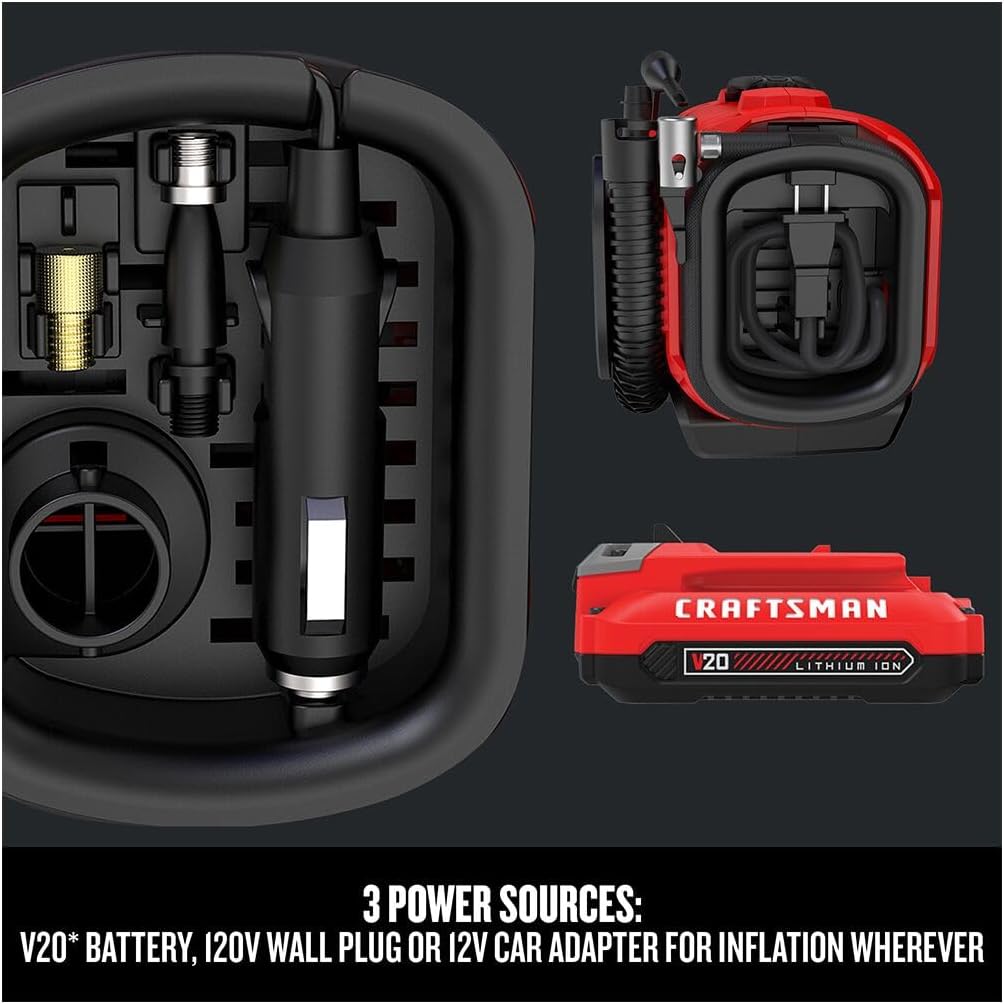 CRAFTSMAN V20 Tire Inflator Portable Air Compressor, Car Air Pump, 3 Modes Tire Pump: Cordless, 120V Corded, and 12V Car Adapter, Battery Sold Separately (CMCE520B)