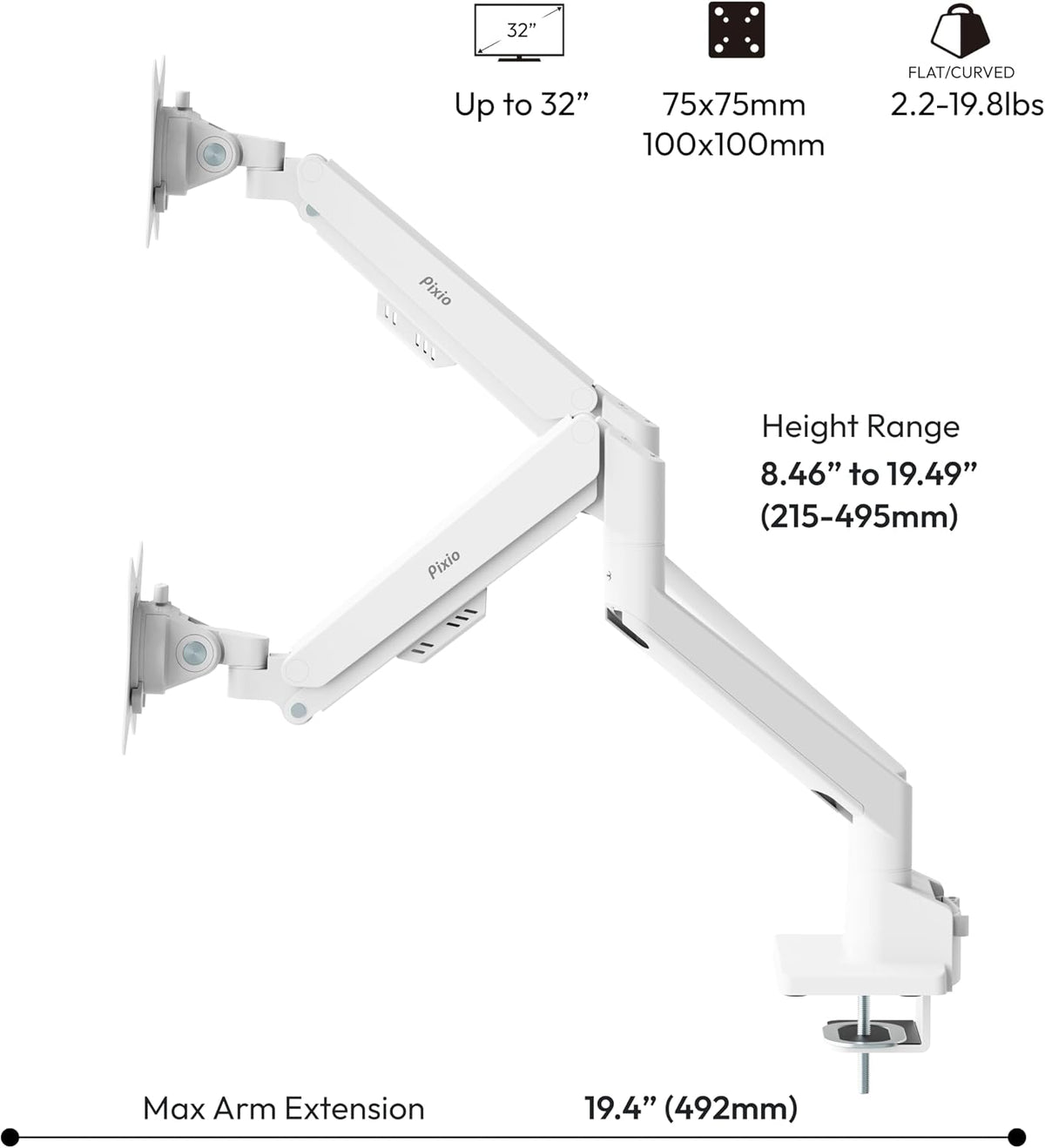 Pixio PS1D Wave White Dual Monitor Arm Stand Desk Mount - Fits up to 32 inches Monitors and up to 19.8lbs. VESA Compatibility and Integrated Cable Management
