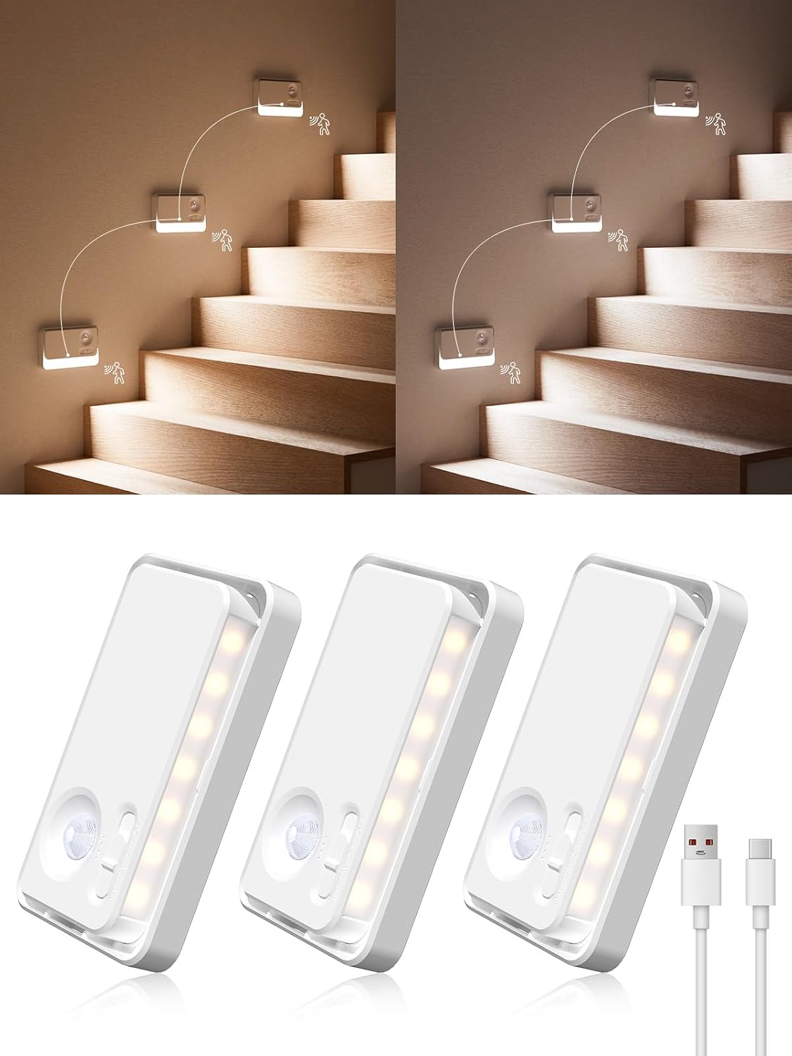 Motion Sensor Night Lights, 1800mAh Sync LED Stair Lights Indoor,3 Packs