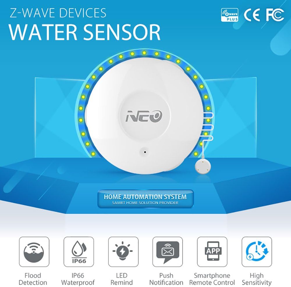 NEO Z-Wave Plus 700s Water Leak Sensor, Smart Water Detector for Home Security, Instant Alerts & App Notification, Requires Z-Wave Hub (Work with Home Assistant & Hubitat) with Long Range Probe