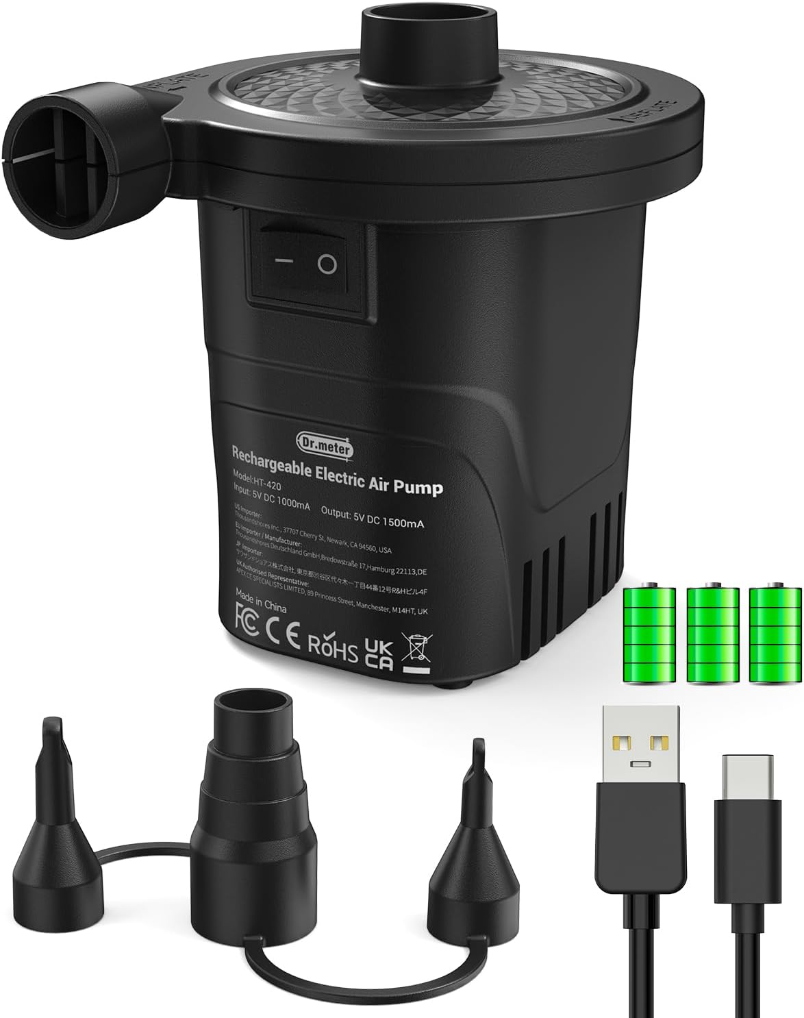 Dr.Meter 4000mAh Rechargeable Air Pump for Inflatables Ultra Fast Inflator | Portable Quick-Fill Inflate/Deflate Air Mattress Pump for Outdoor Camping Inflatable Pool Float Boat Raft Swim Ring Airbed