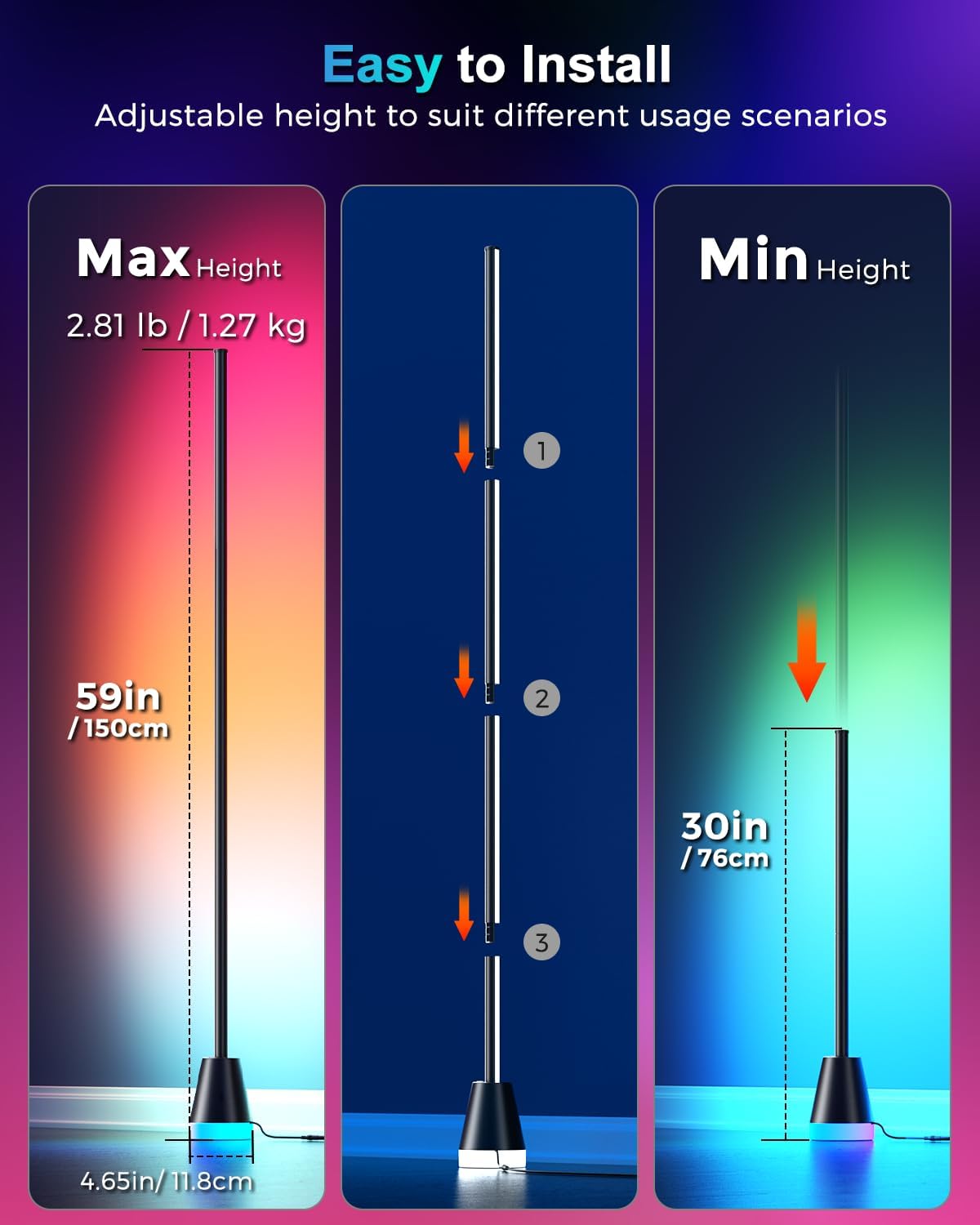 Corner Floor Lamp, Smart RGB Lamps for Living Room Bedroom, APP & Remote Control Tall Standing LED Lights, 16 Million DIY Colors Cool Modern Ambient Lighting with Music Sync & Timer, Black